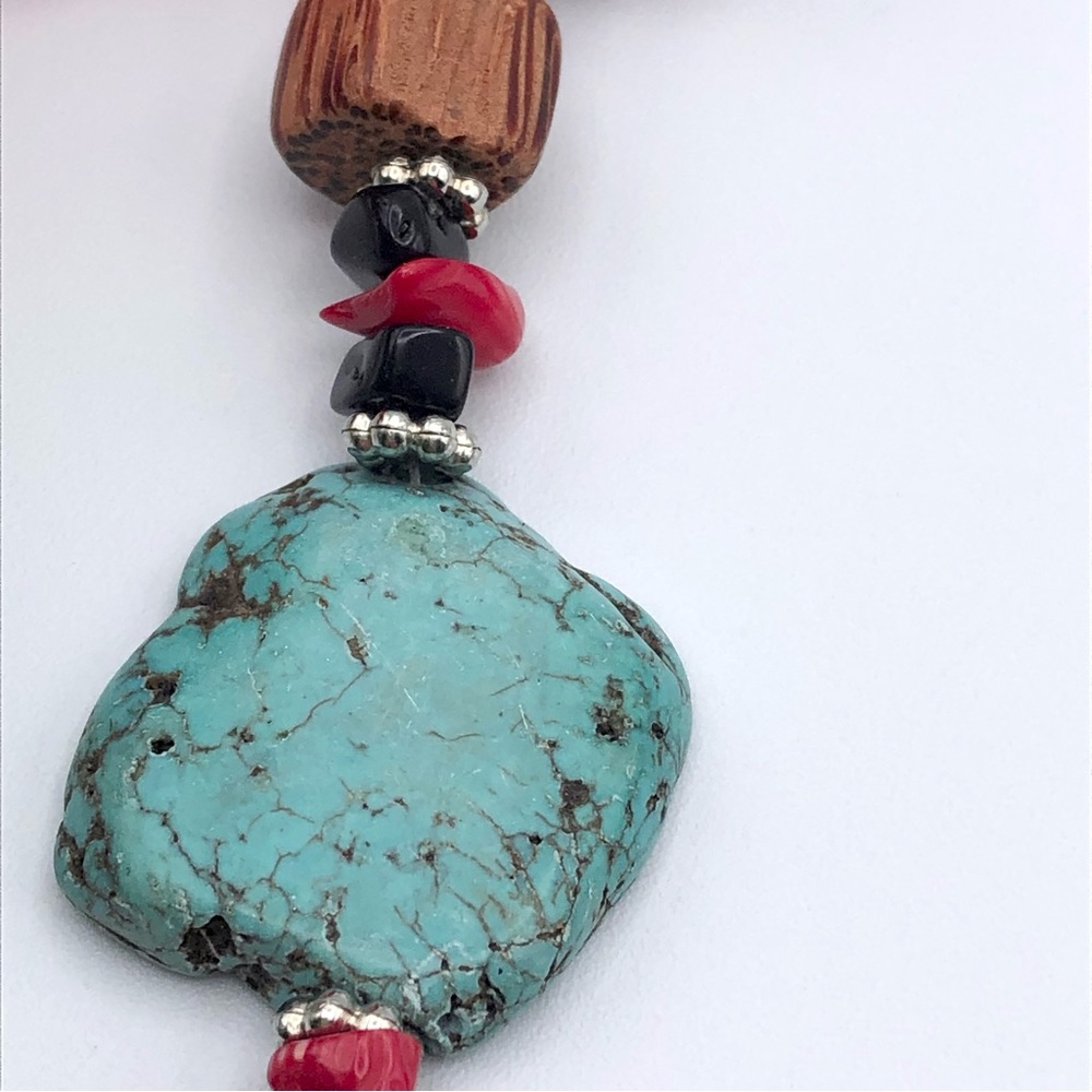 Southwestern Faux Turquoise Faux Bamboo Coral Stone Chip Collar Necklace 17” - Picture 14 of 17